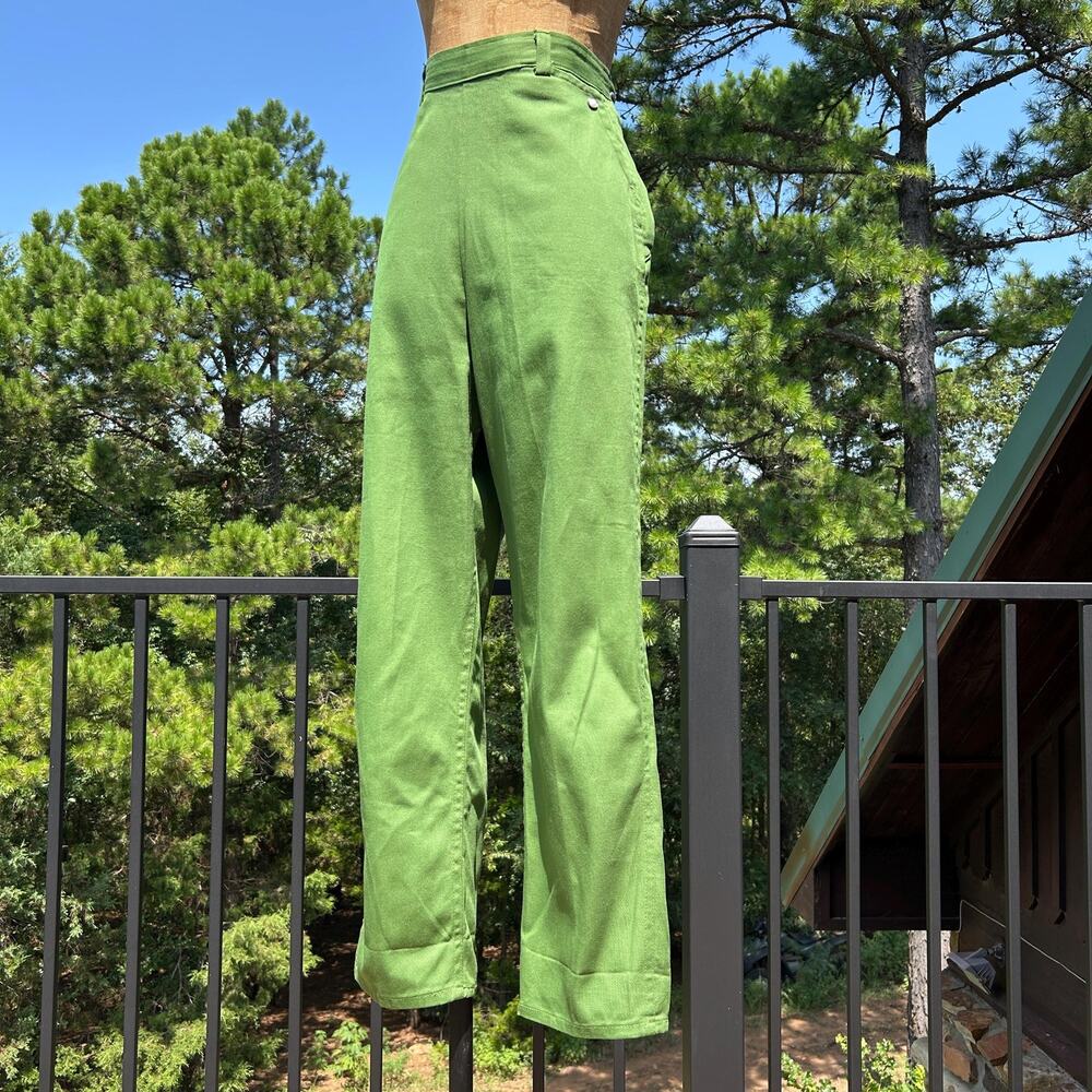 Vintage 50s/60s Green Twill High Waist Western Side Zip Pants Pearl Snap Pockets